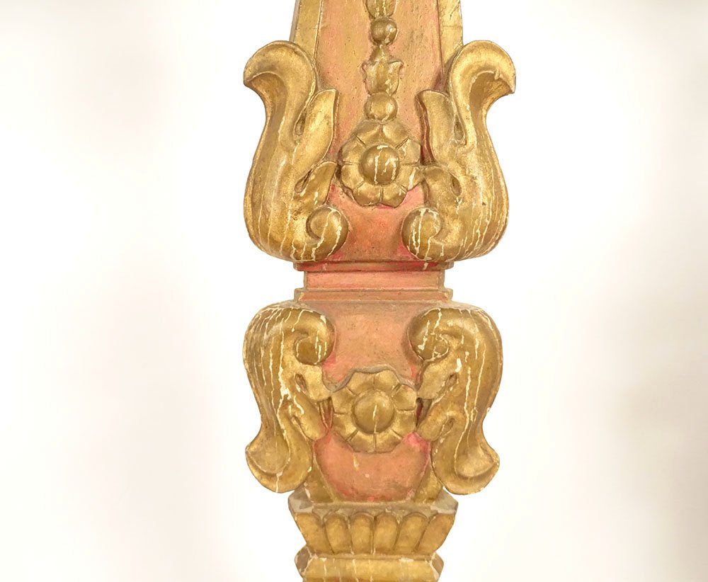 Pair Of Large Candle-holders Church Wood Carved Gilded Flowers 18th Century-photo-4