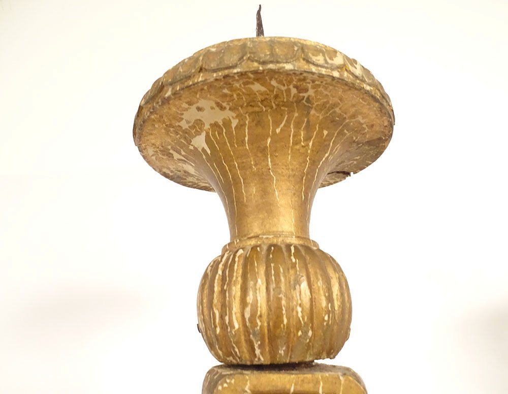 Pair Of Large Candle-holders Church Wood Carved Gilded Flowers 18th Century-photo-5