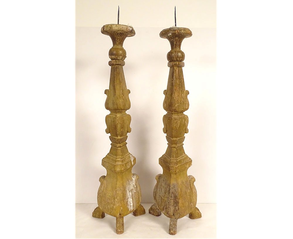 Pair Of Large Candle-holders Church Wood Carved Gilded Flowers 18th Century-photo-6