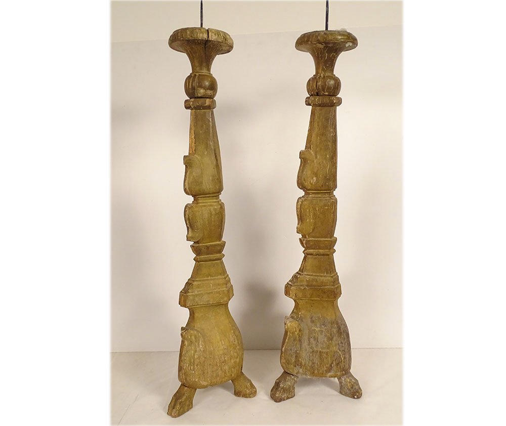 Pair Of Large Candle-holders Church Wood Carved Gilded Flowers 18th Century-photo-7