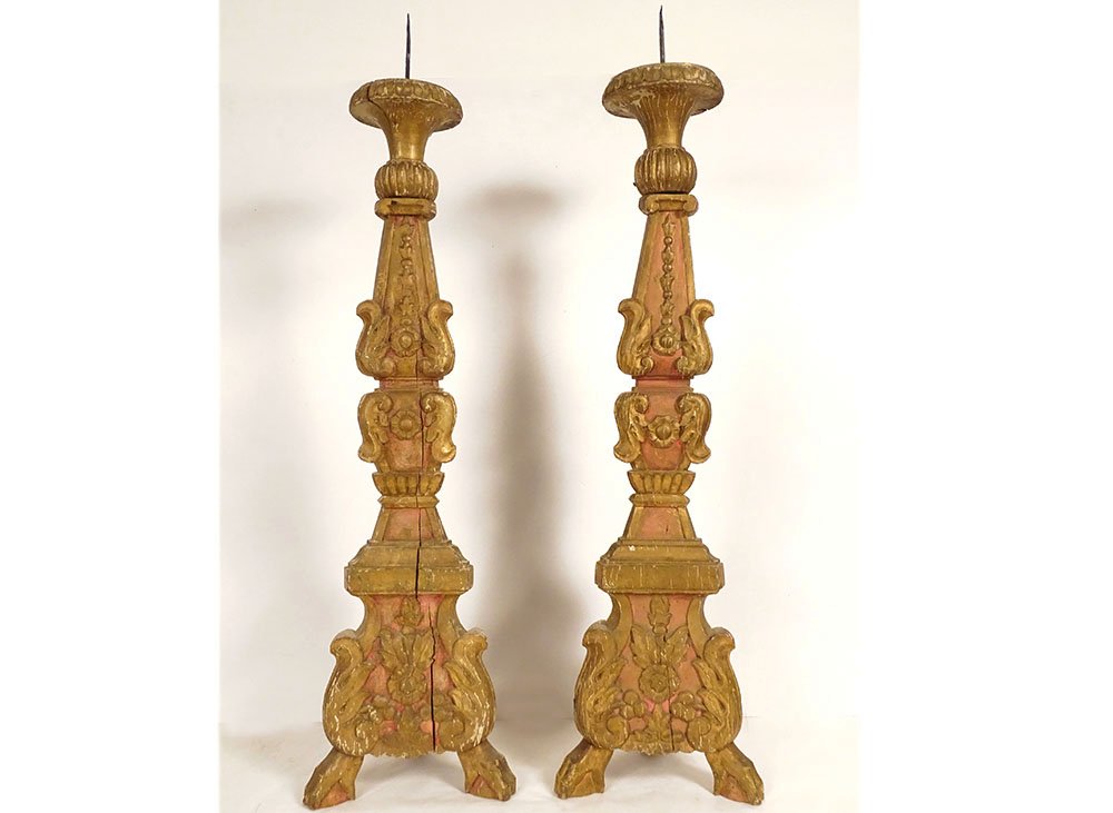 Pair Of Large Candle-holders Church Wood Carved Gilded Flowers 18th Century
