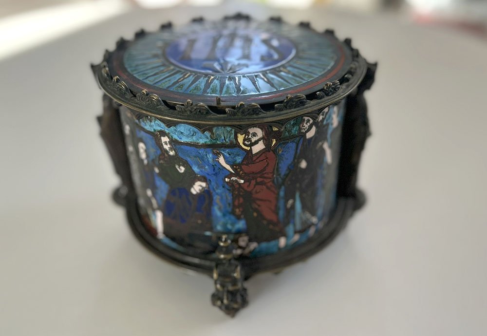 Pyxis Host Box Bronze Cloisonné Enamel Limoges Bible Figures 19th Century-photo-2
