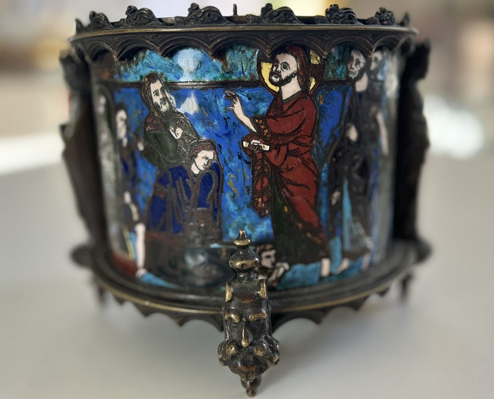 Pyxis Host Box Bronze Cloisonné Enamel Limoges Bible Figures 19th Century-photo-3