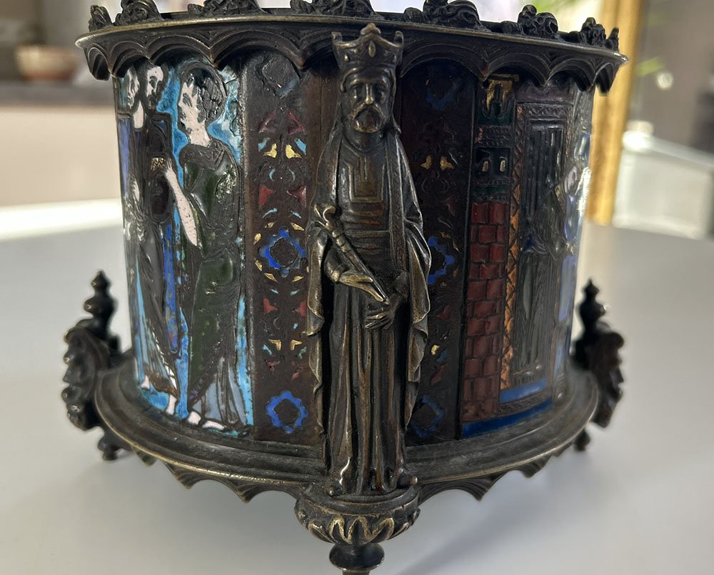 Pyxis Host Box Bronze Cloisonné Enamel Limoges Bible Figures 19th Century-photo-2