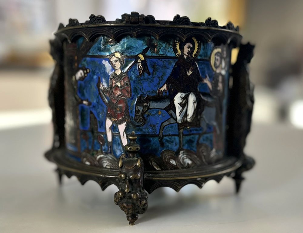 Pyxis Host Box Bronze Cloisonné Enamel Limoges Bible Figures 19th Century-photo-3
