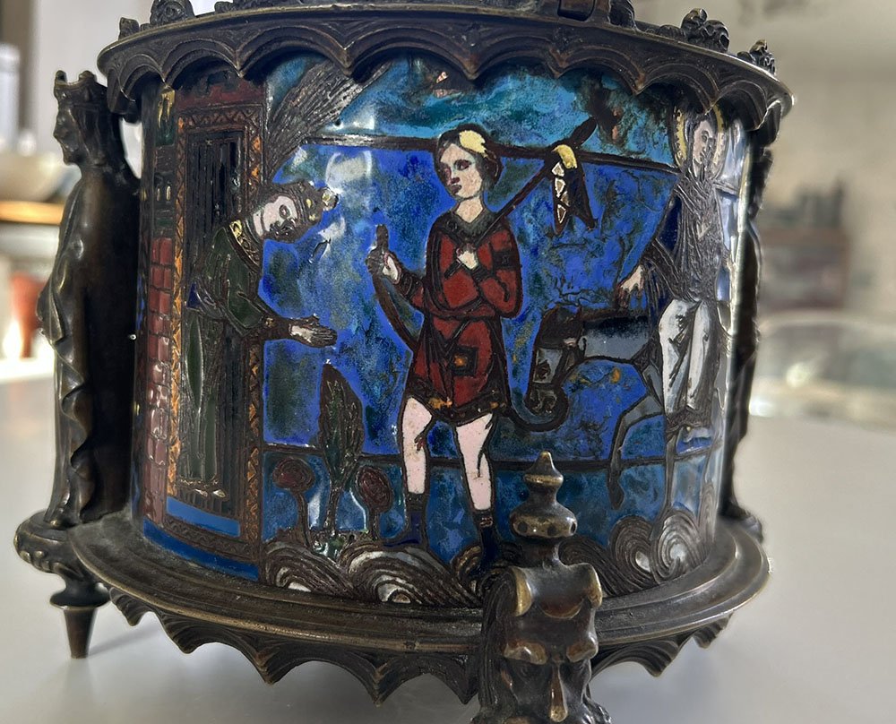 Pyxis Host Box Bronze Cloisonné Enamel Limoges Bible Figures 19th Century-photo-4
