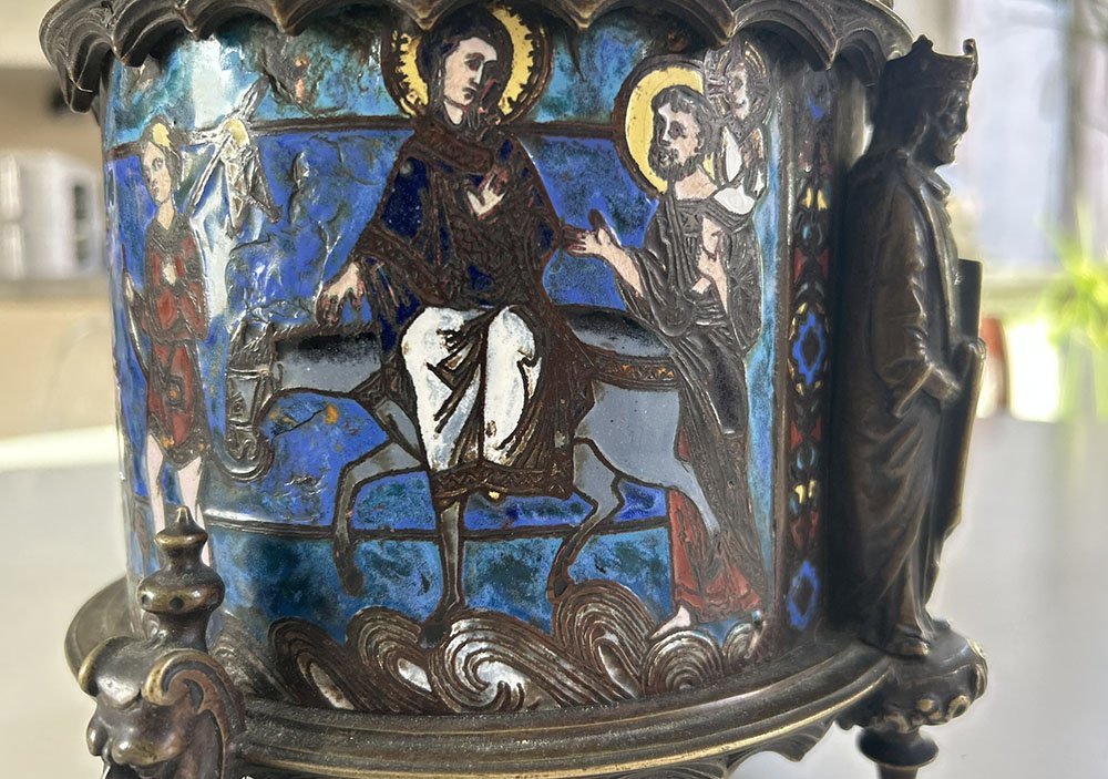 Pyxis Host Box Bronze Cloisonné Enamel Limoges Bible Figures 19th Century-photo-5