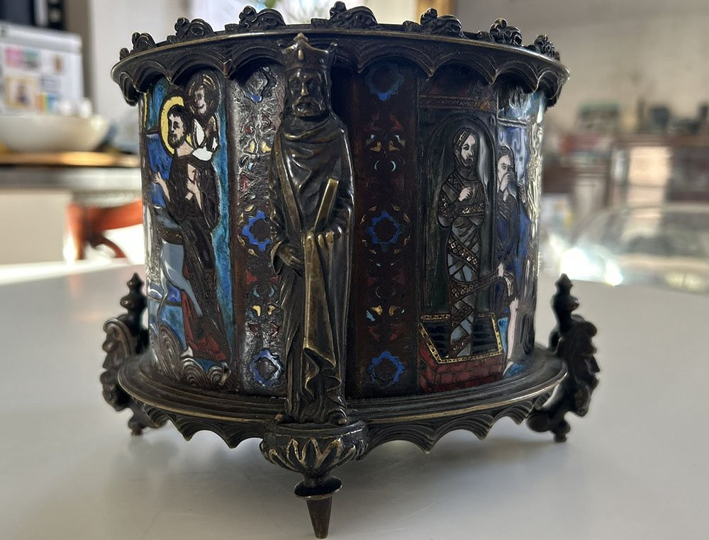 Pyxis Host Box Bronze Cloisonné Enamel Limoges Bible Figures 19th Century-photo-6