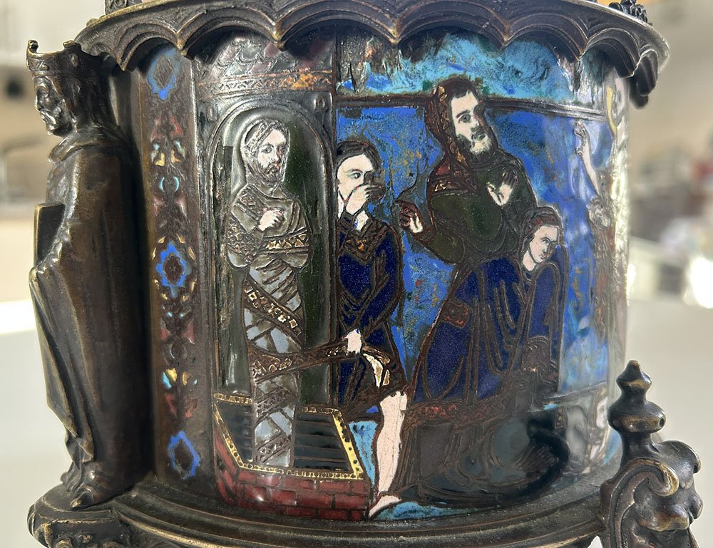 Pyxis Host Box Bronze Cloisonné Enamel Limoges Bible Figures 19th Century-photo-7