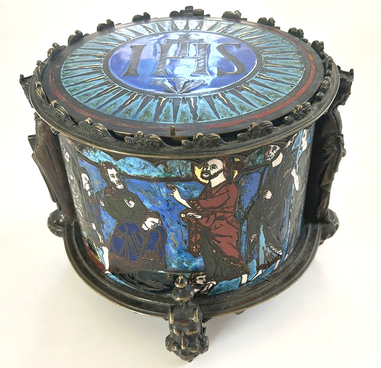 Pyxis Host Box Bronze Cloisonné Enamel Limoges Bible Figures 19th Century