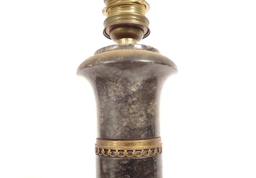 Pied de lampe Empire colonne classique marbre gris bronze doré fin XIXème-photo-4