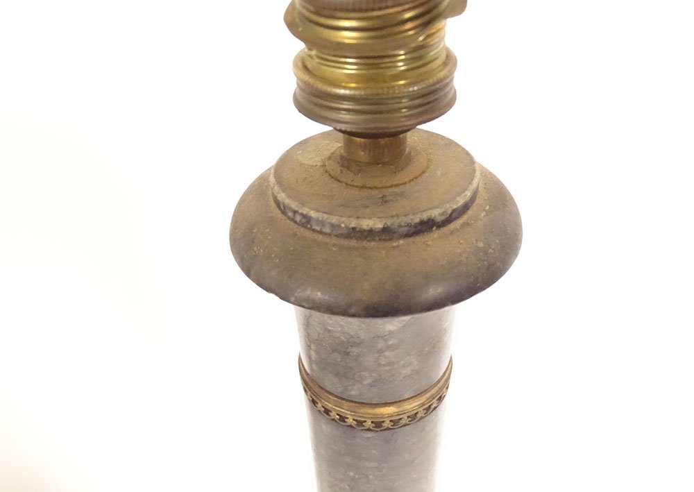 Pied de lampe Empire colonne classique marbre gris bronze doré fin XIXème-photo-1