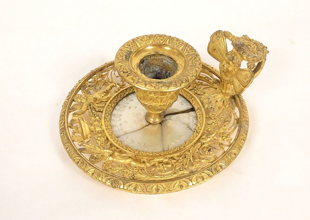 Handheld Empire-style Candlestick, Gilded Bronze With Mother-of-pearl Inlay, By Claude Galle, Psyche And Putti, 19th Century-photo-2