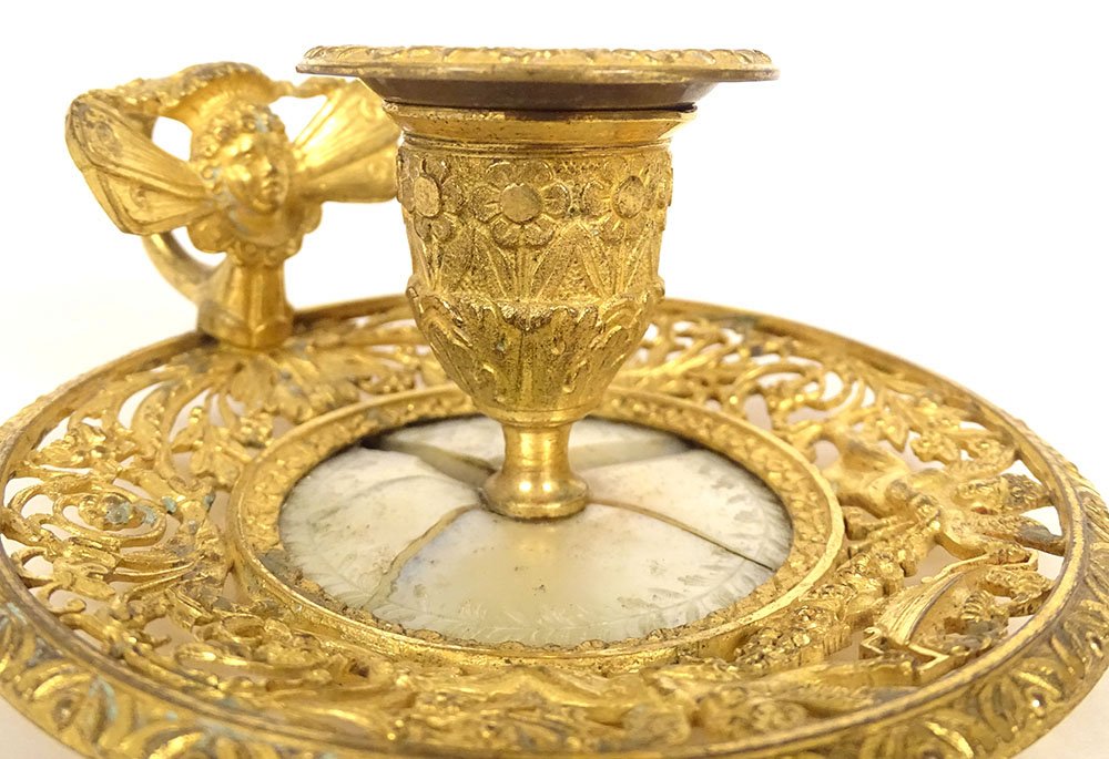 Handheld Empire-style Candlestick, Gilded Bronze With Mother-of-pearl Inlay, By Claude Galle, Psyche And Putti, 19th Century-photo-3