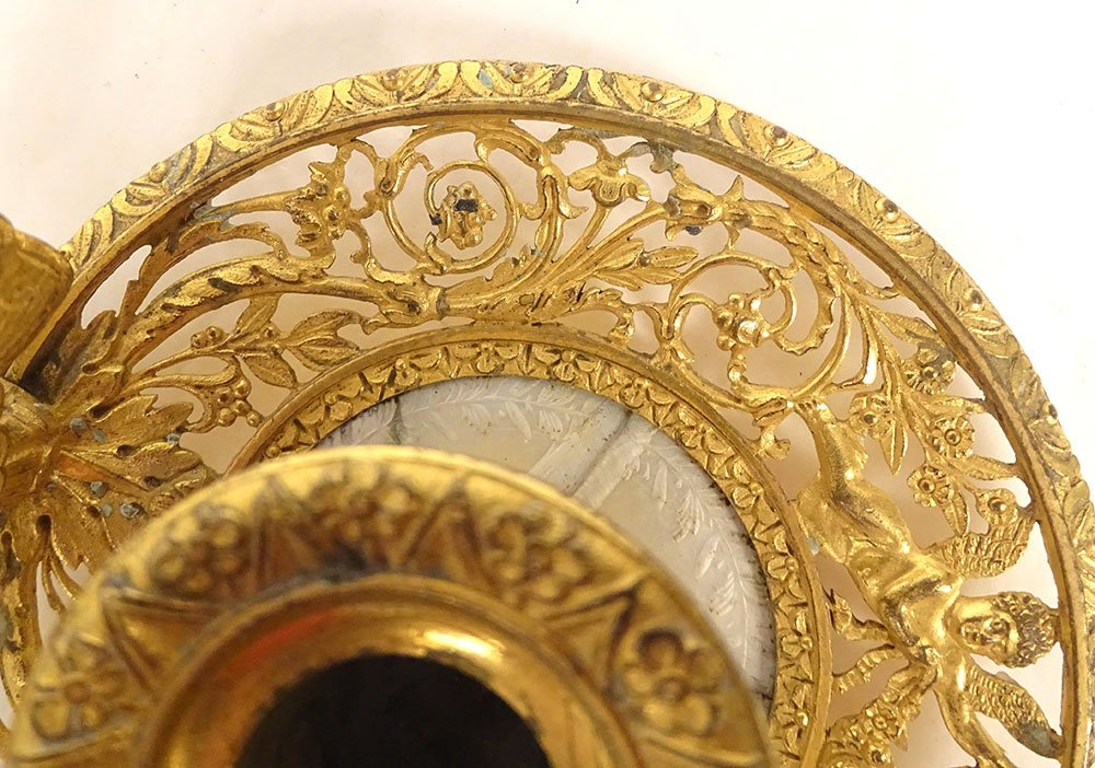 Handheld Empire-style Candlestick, Gilded Bronze With Mother-of-pearl Inlay, By Claude Galle, Psyche And Putti, 19th Century-photo-5
