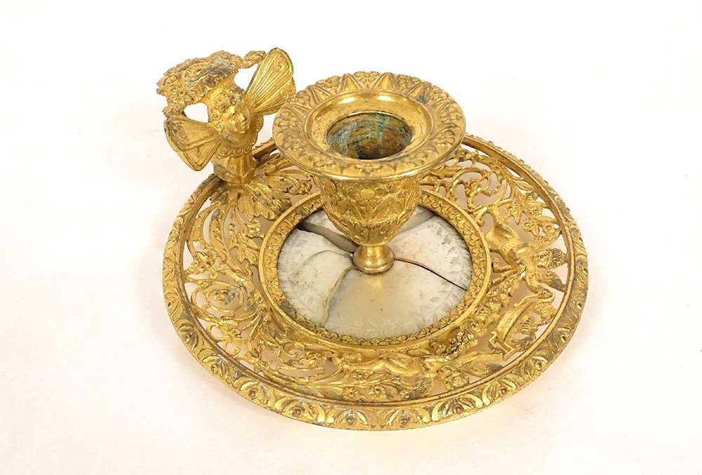 Handheld Empire-style Candlestick, Gilded Bronze With Mother-of-pearl Inlay, By Claude Galle, Psyche And Putti, 19th Century