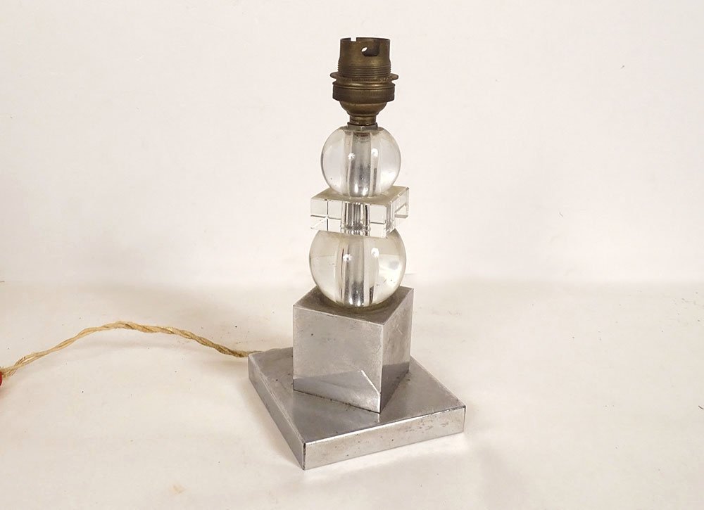 Vintage 20th-century Jacques Adnet-style Glass And Chrome Lamp Base