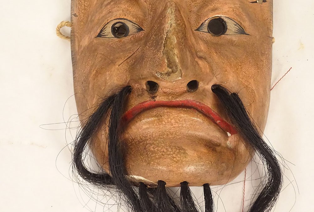 19th-century Japanese Polychrome Wooden Noh Theater Mask Depicting The Demon Gigaku Obeshimi-photo-4