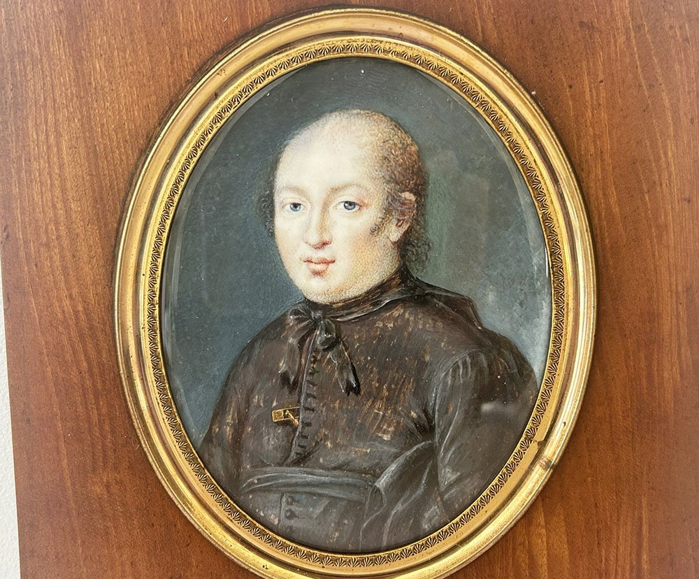 Miniature peinte portrait prêtre ecclésiastique cadre bois début XIXème-photo-2
