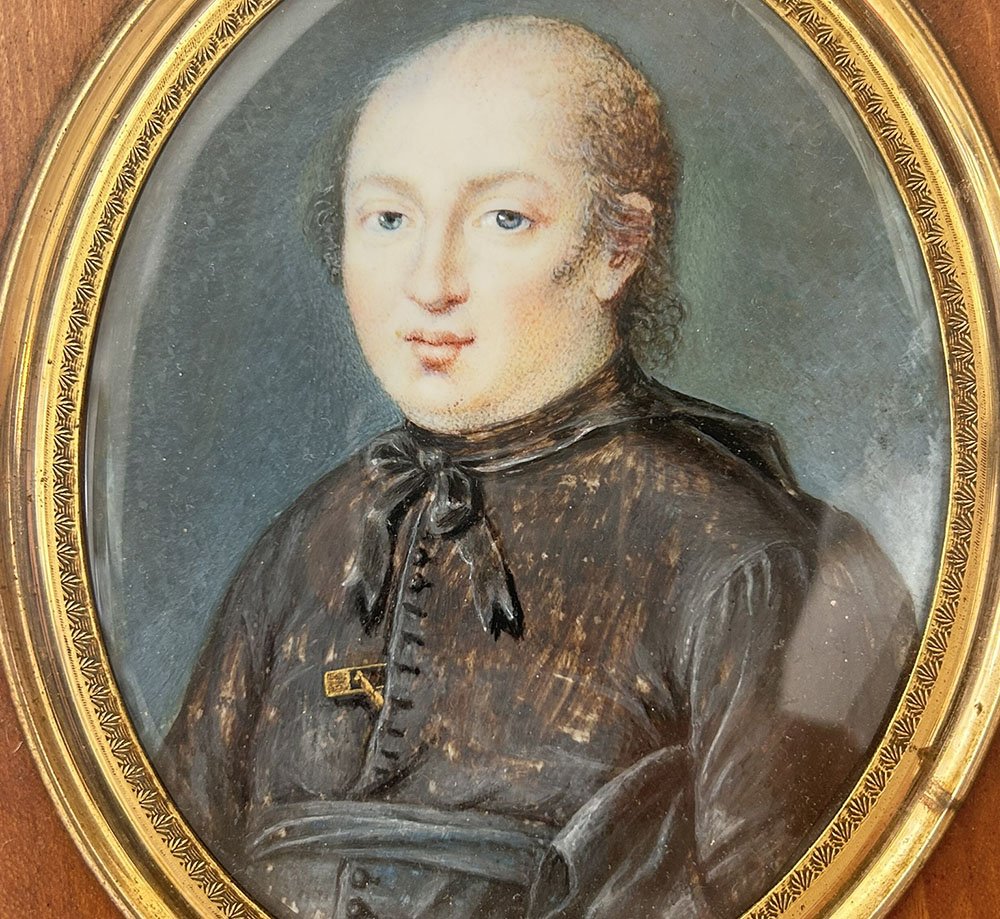 Miniature peinte portrait prêtre ecclésiastique cadre bois début XIXème-photo-3