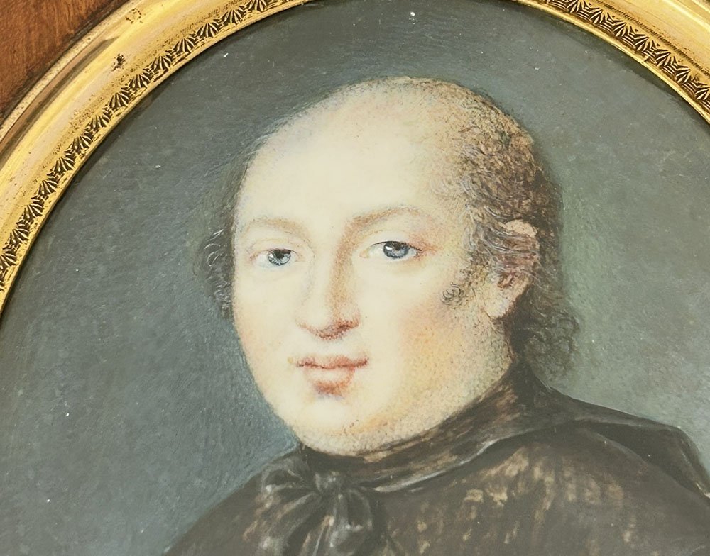 Miniature peinte portrait prêtre ecclésiastique cadre bois début XIXème-photo-1