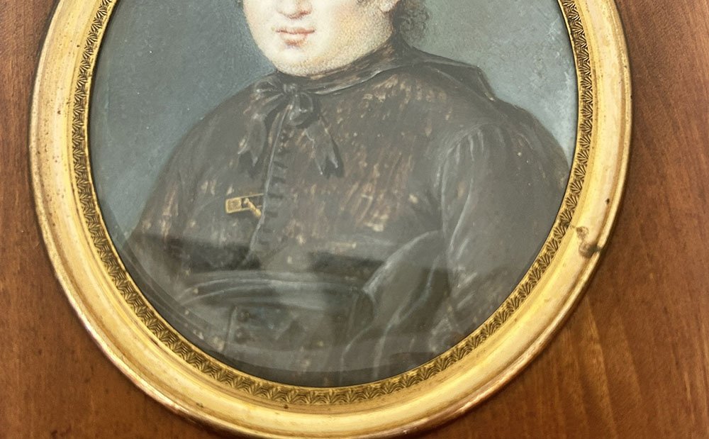 Miniature peinte portrait prêtre ecclésiastique cadre bois début XIXème-photo-2