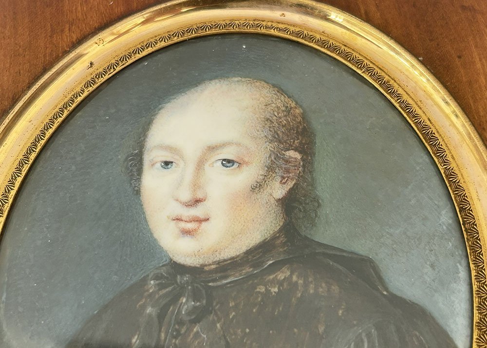 Miniature peinte portrait prêtre ecclésiastique cadre bois début XIXème-photo-3