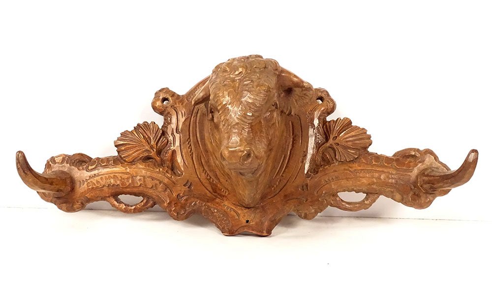 19th-century Black Forest Wooden Sculpture Hat Rack And Coat Rack With Ox Head-photo-2