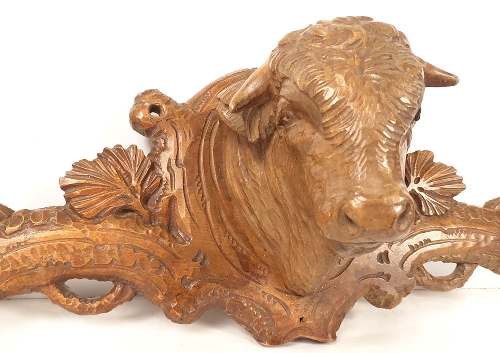 19th-century Black Forest Wooden Sculpture Hat Rack And Coat Rack With Ox Head-photo-3