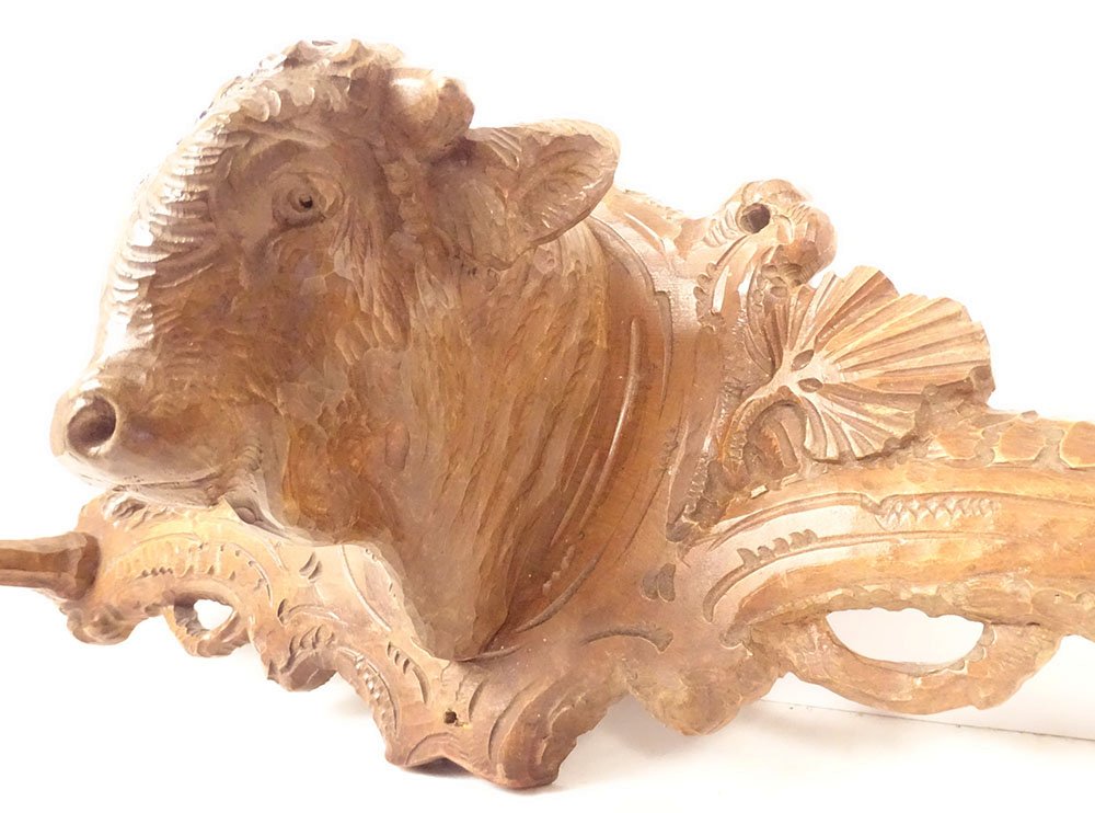 19th-century Black Forest Wooden Sculpture Hat Rack And Coat Rack With Ox Head-photo-2