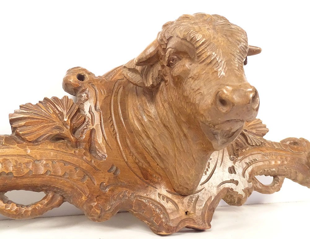 19th-century Black Forest Wooden Sculpture Hat Rack And Coat Rack With Ox Head-photo-3