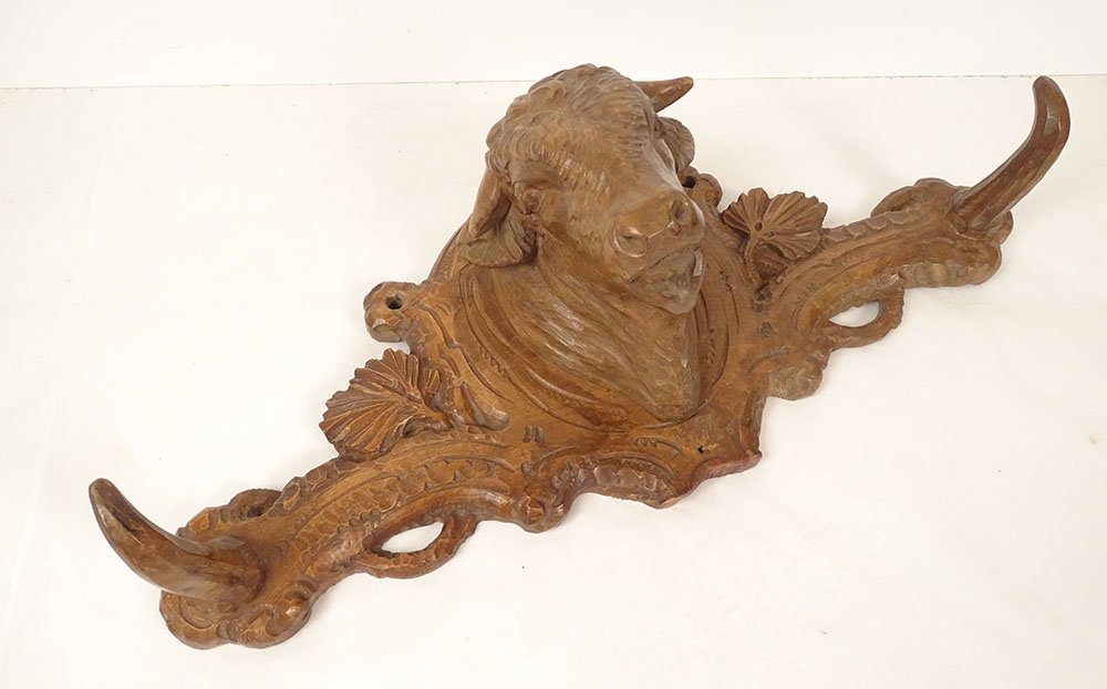19th-century Black Forest Wooden Sculpture Hat Rack And Coat Rack With Ox Head-photo-4