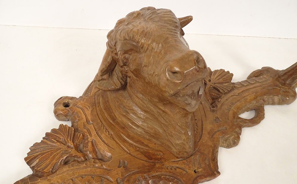 19th-century Black Forest Wooden Sculpture Hat Rack And Coat Rack With Ox Head-photo-5