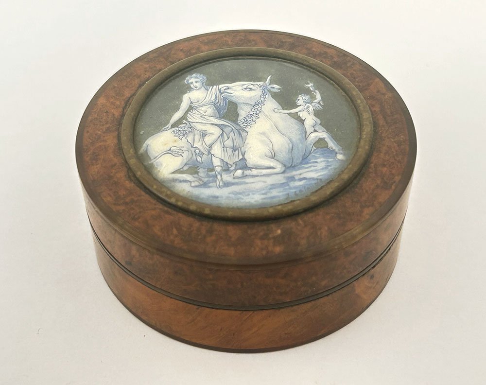 Miniature Round Amboina Magnifying Glass Case, European Origin, J. Lalande, 19th Century-photo-2