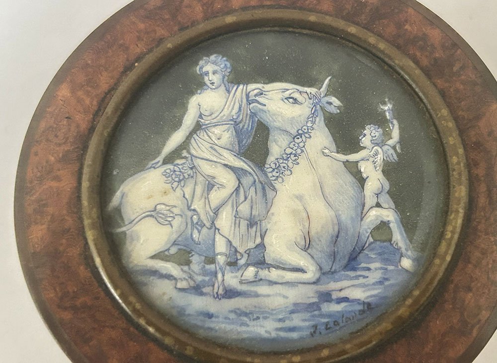 Miniature Round Amboina Magnifying Glass Case, European Origin, J. Lalande, 19th Century-photo-1