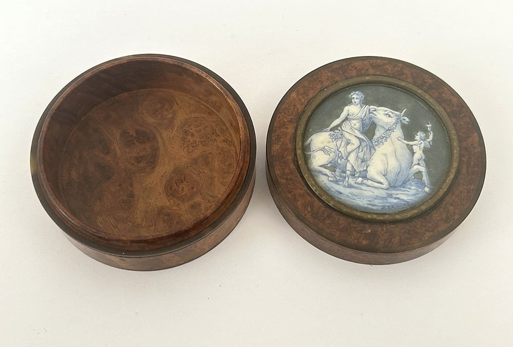 Miniature Round Amboina Magnifying Glass Case, European Origin, J. Lalande, 19th Century-photo-3