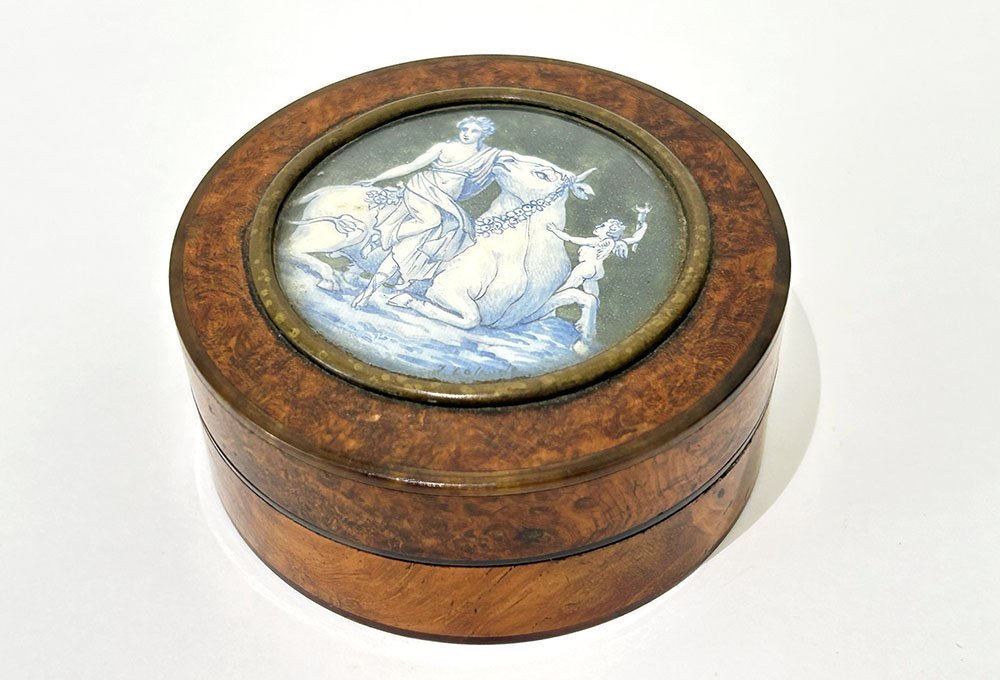 Miniature Round Amboina Magnifying Glass Case, European Origin, J. Lalande, 19th Century