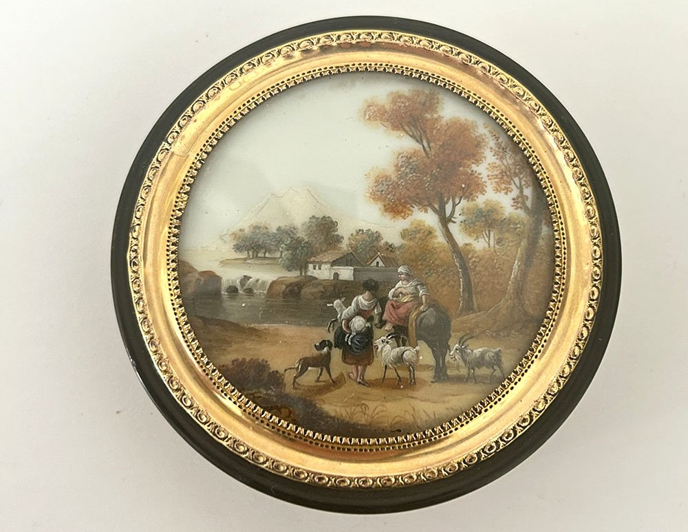 Boîte ronde écaille miniature paysage bergères cascade romantique XIXème -photo-4