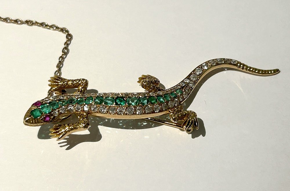 Broche victorienne lézard salamandre or 14K diamants émeraudes rubis XIXè-photo-2