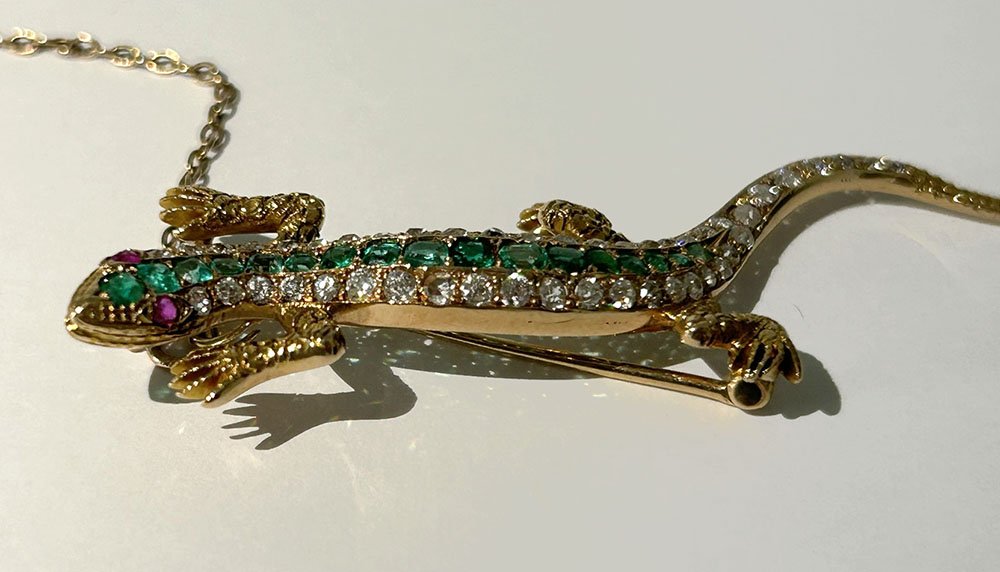 Broche victorienne lézard salamandre or 14K diamants émeraudes rubis XIXè-photo-3