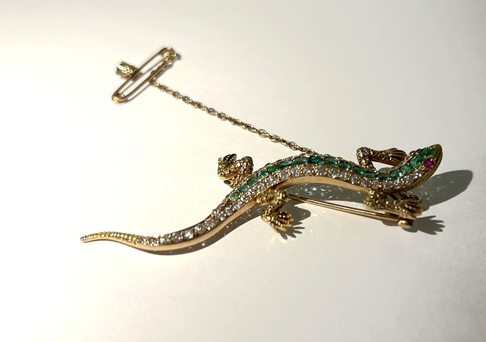 Broche victorienne lézard salamandre or 14K diamants émeraudes rubis XIXè-photo-3