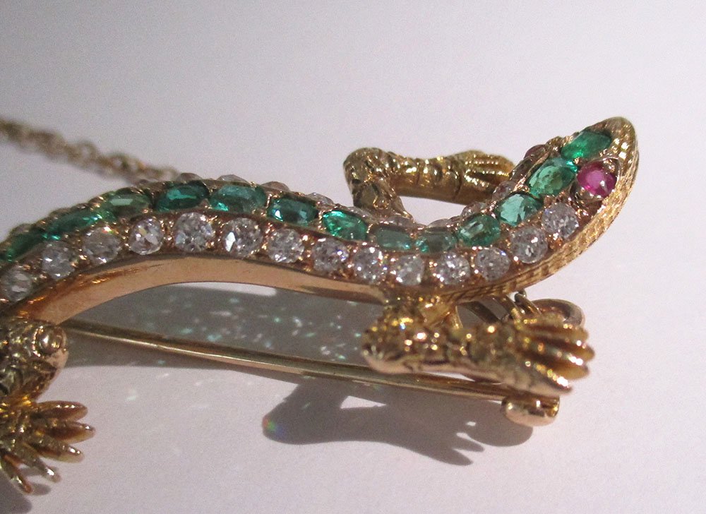 Broche victorienne lézard salamandre or 14K diamants émeraudes rubis XIXè-photo-4