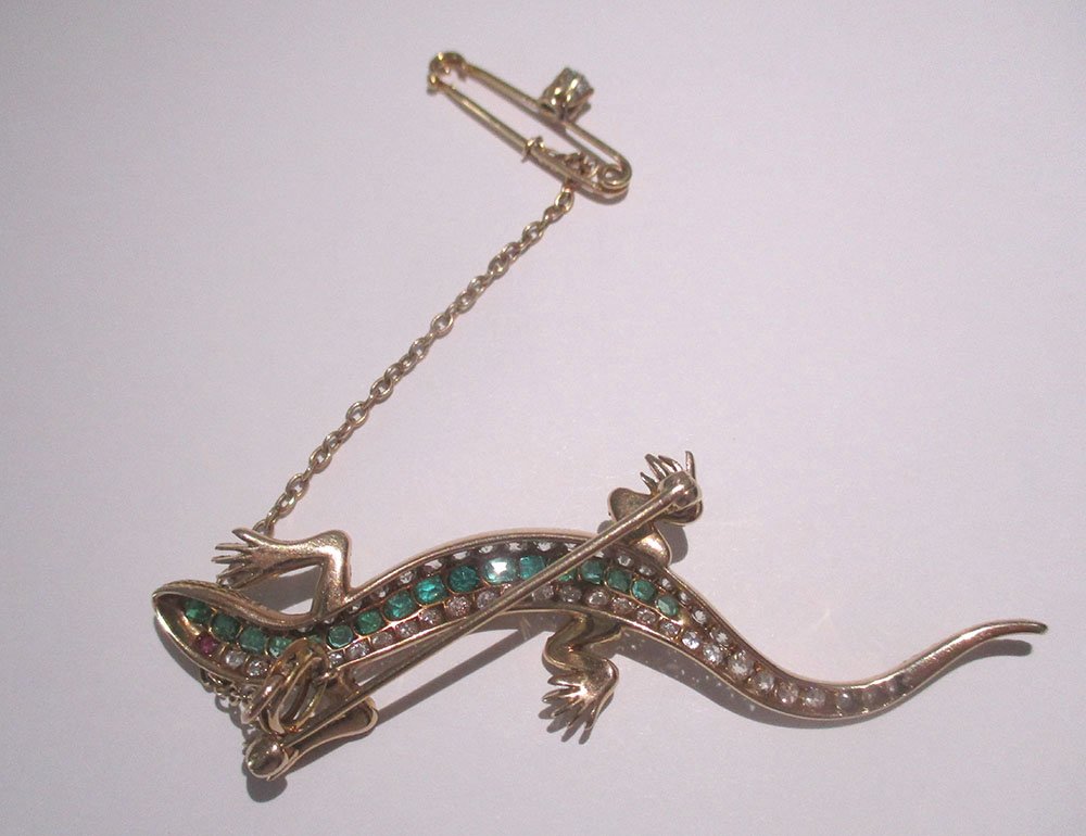 Broche victorienne lézard salamandre or 14K diamants émeraudes rubis XIXè-photo-7
