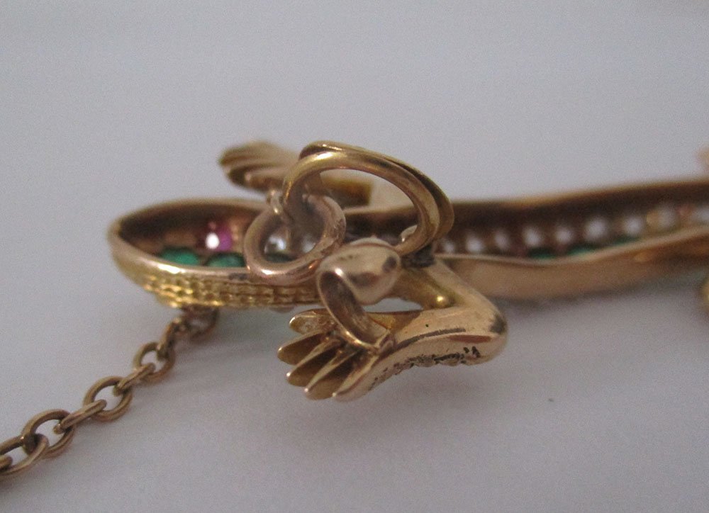 Broche victorienne lézard salamandre or 14K diamants émeraudes rubis XIXè-photo-8