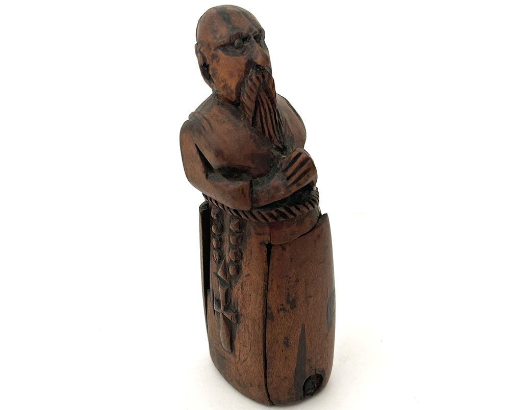 Erotic, Risqué Snuff Box, Carved Wood, Depicting A Praying Monk; 19th-century Folk Art