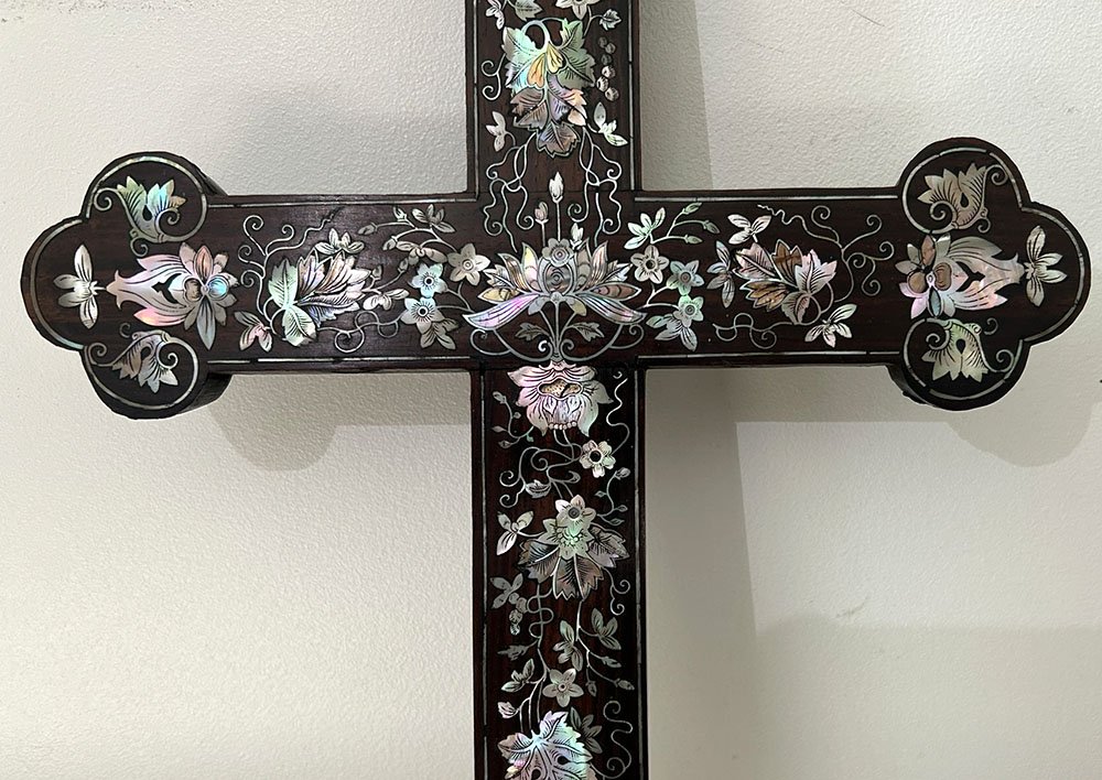 Croix crucifix bois nacre marqueterie fleurs Vietnam Indochine XIXè siècle-photo-4