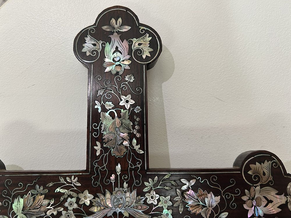 Croix crucifix bois nacre marqueterie fleurs Vietnam Indochine XIXè siècle-photo-1