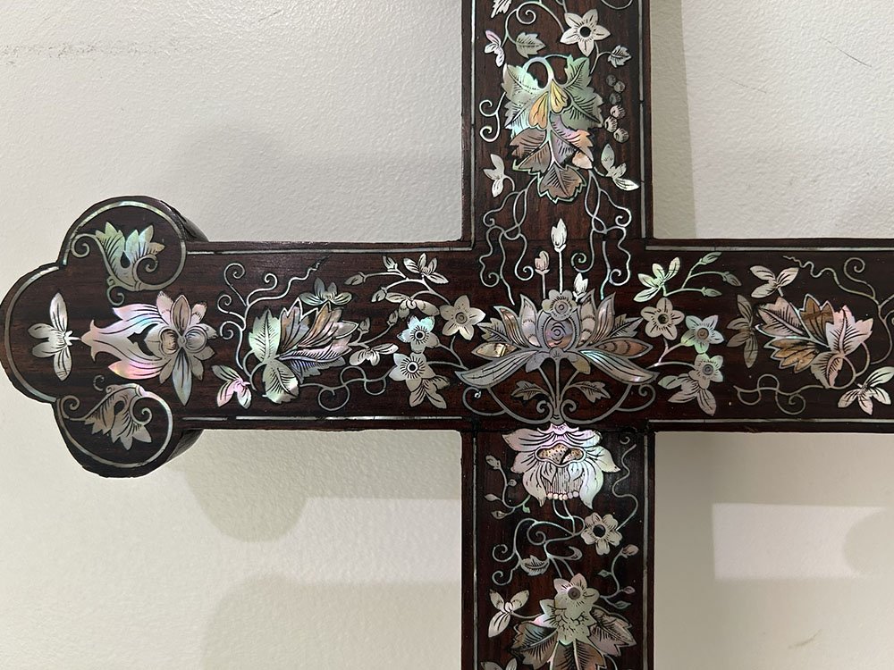 Croix crucifix bois nacre marqueterie fleurs Vietnam Indochine XIXè siècle-photo-2