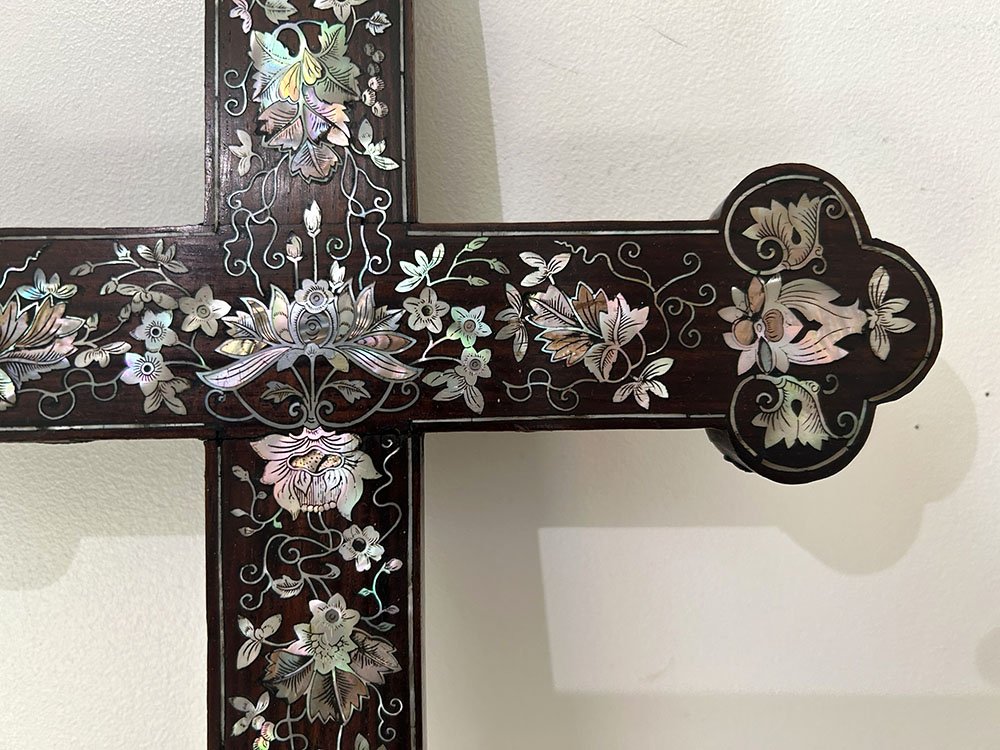 Croix crucifix bois nacre marqueterie fleurs Vietnam Indochine XIXè siècle-photo-3