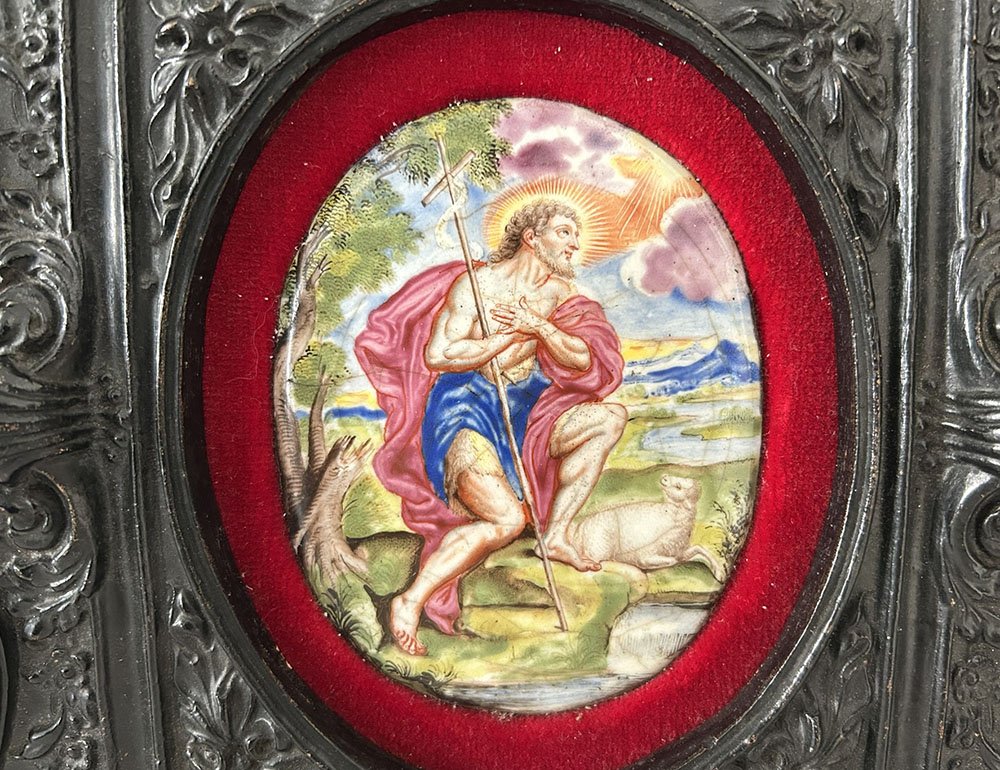 Plaque ovale émail peint Limoges portrait Saint Jean-Baptiste agneau XVIIIè-photo-4